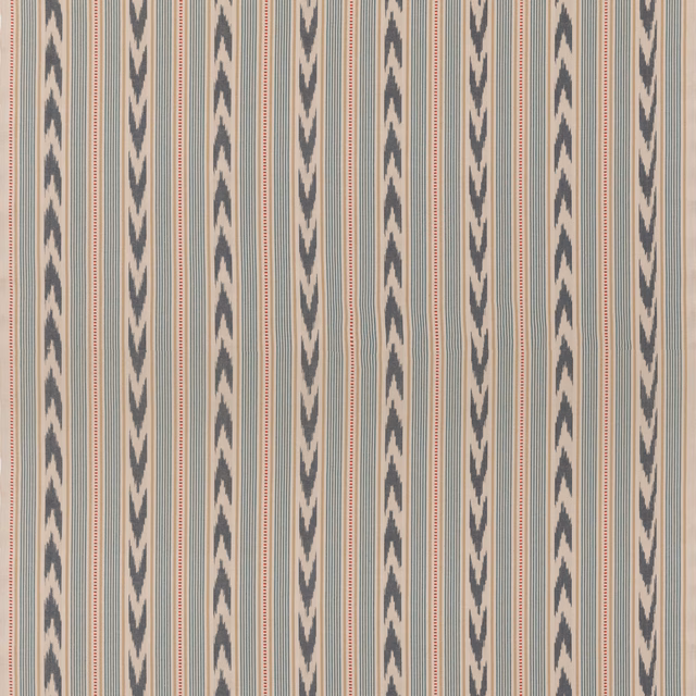 Ivory cotton stripe with blue-grey arrow motifs and fine red pinstripes