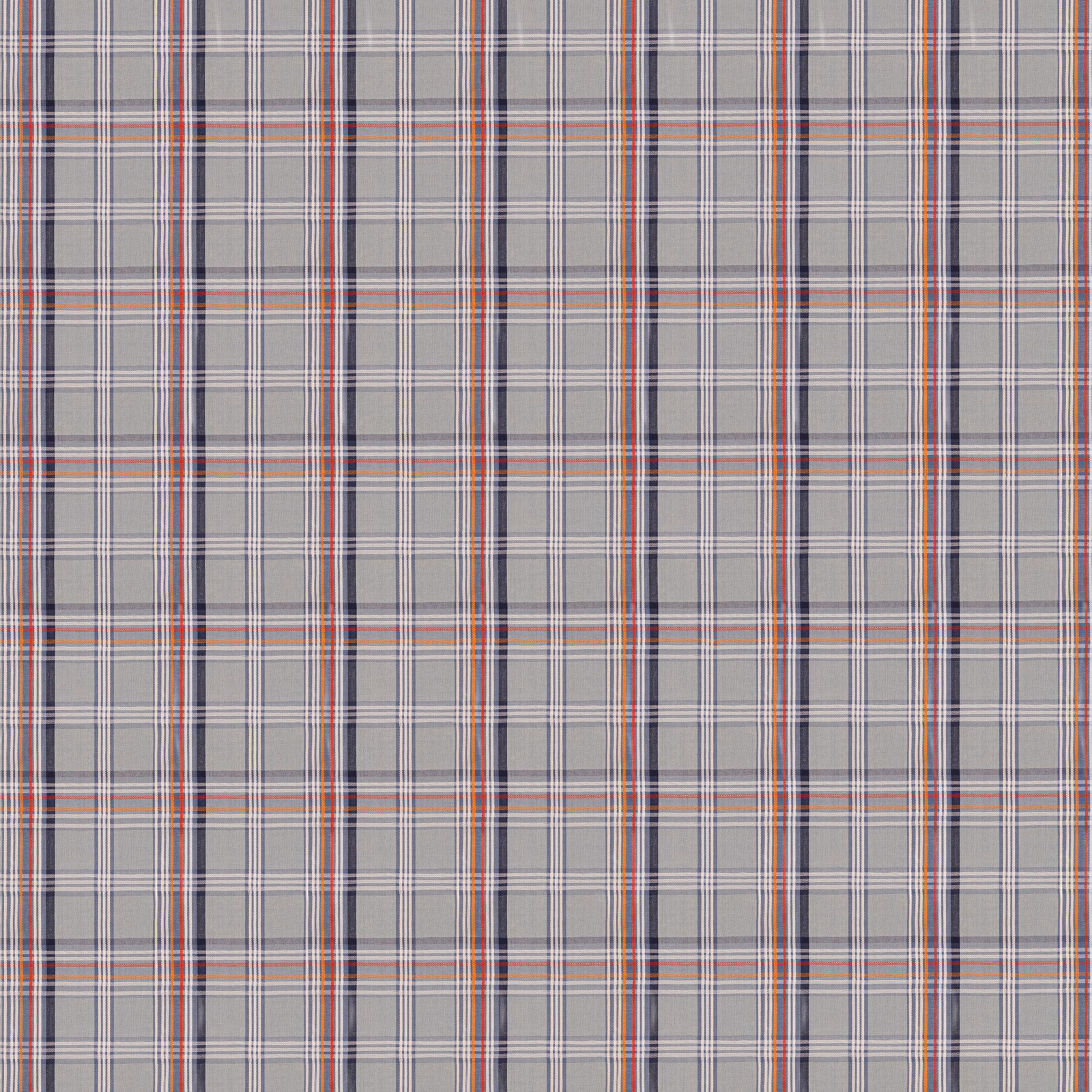 Muted blue-grey plaid with navy, rust-red and cream intersecting lines