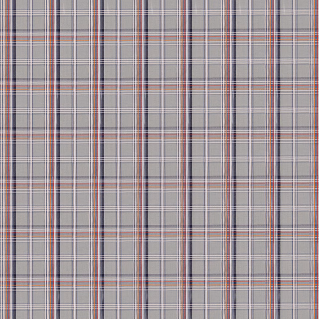Muted blue-grey plaid with navy, rust-red and cream intersecting lines