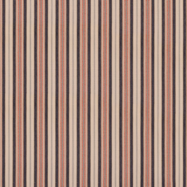 Indigo, red and taupe vertical woven stripes with fine ribbed texture