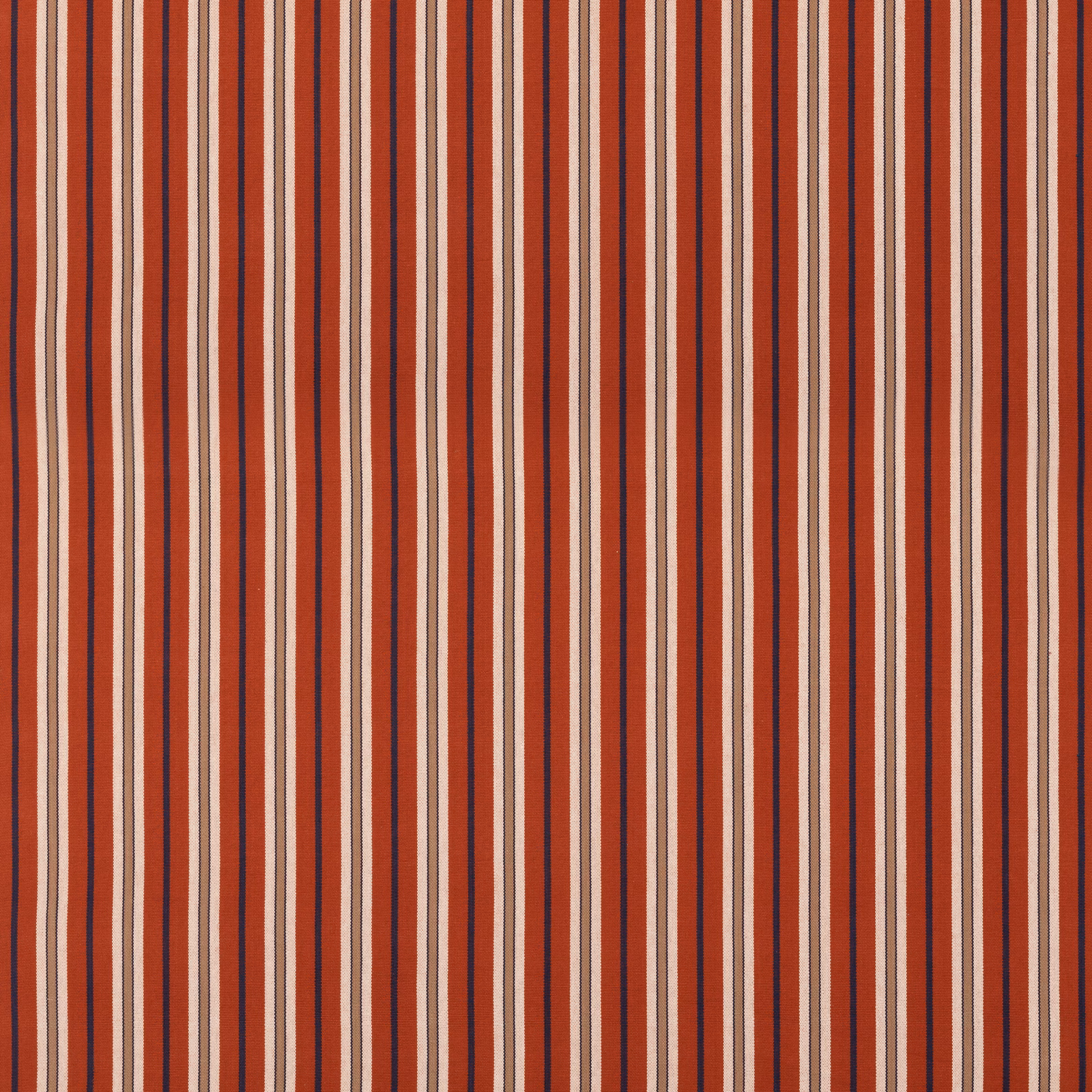 Brick red and indigo vertical stripes with fine cream lines in a woven cotton texture