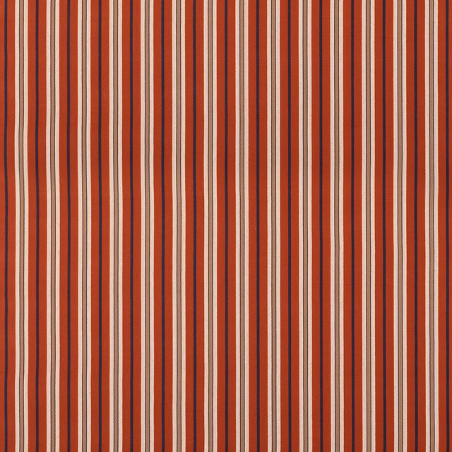Brick red and indigo vertical stripes with fine cream lines in a woven cotton texture
