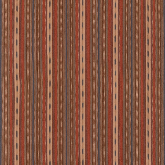 Rust and muted blue vertical stripe fabric with fine textured woven detailing