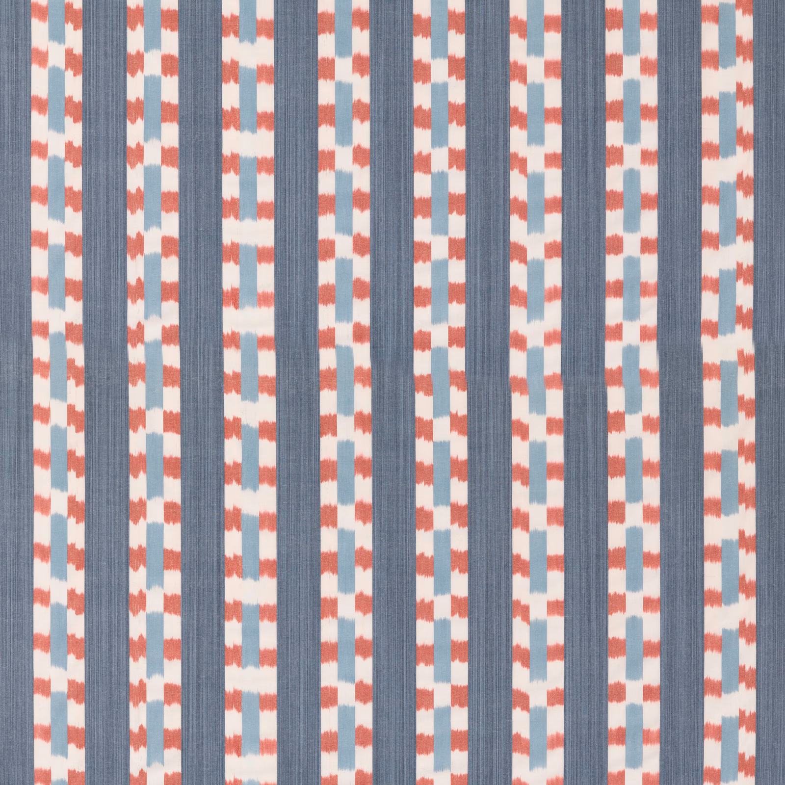 Blue-grey vertical stripes with coral-red broken motifs on a pale cotton ground
