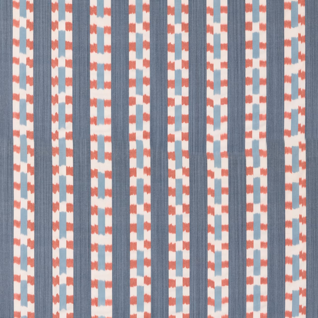 Blue-grey vertical stripes with coral-red broken motifs on a pale cotton ground