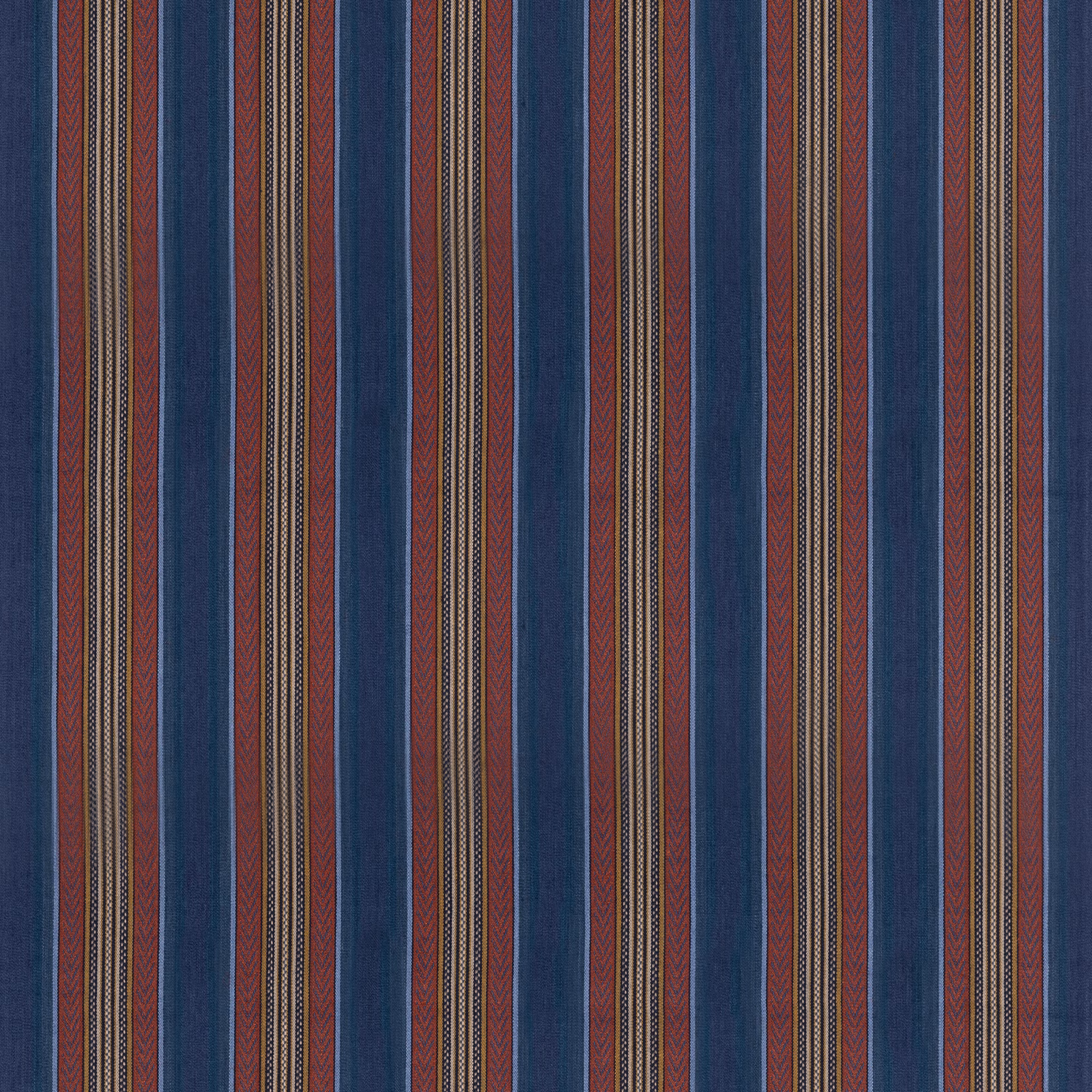Deep indigo and russet vertical stripes with narrow ochre woven accents