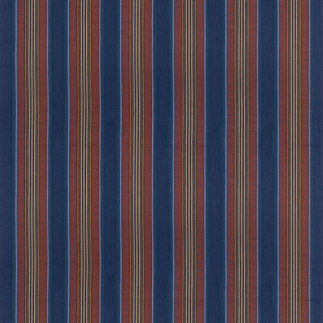 Deep indigo and russet vertical stripes with narrow ochre woven accents