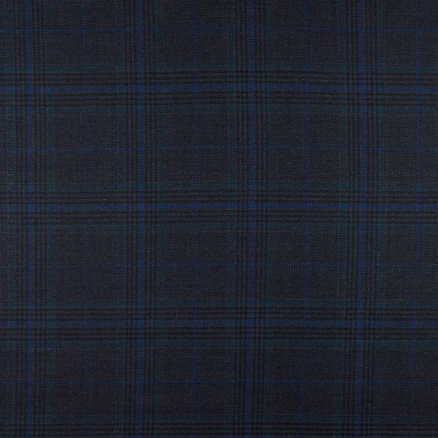 Deep navy and charcoal plaid with fine blue lines in a tightly woven texture
