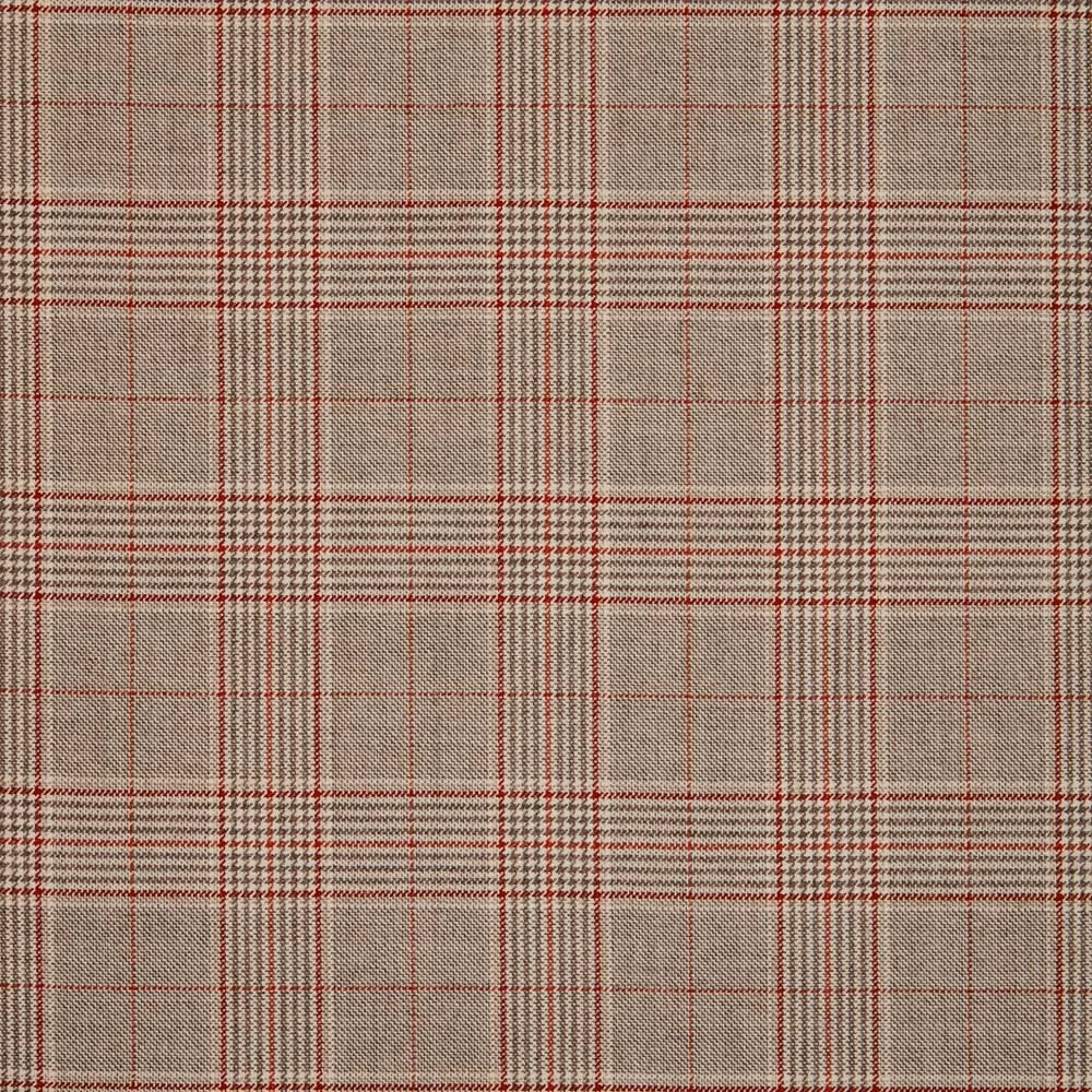 Taupe plaid fabric with burgundy and charcoal grid lines, showing a close-up woven texture