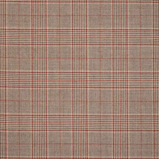 Taupe plaid fabric with burgundy and charcoal grid lines, showing a close-up woven texture