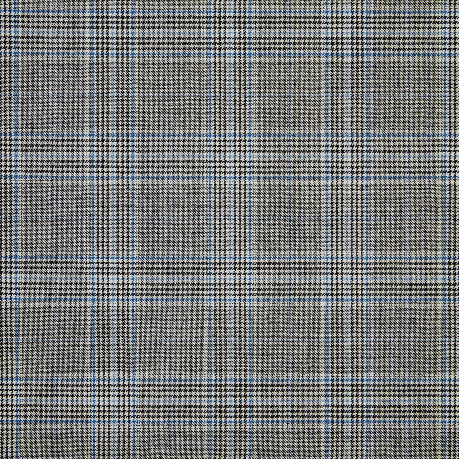 Cool grey plaid textile with fine blue lines and tightly woven texture