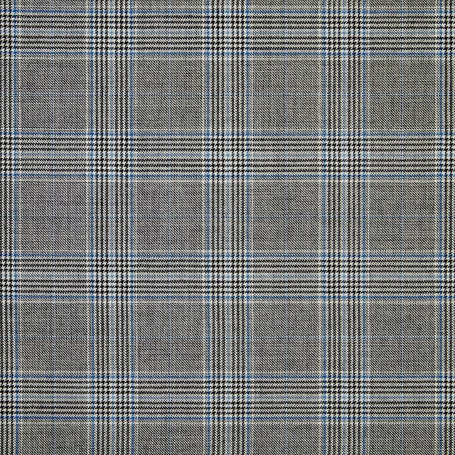 Cool grey plaid textile with fine blue lines and tightly woven texture