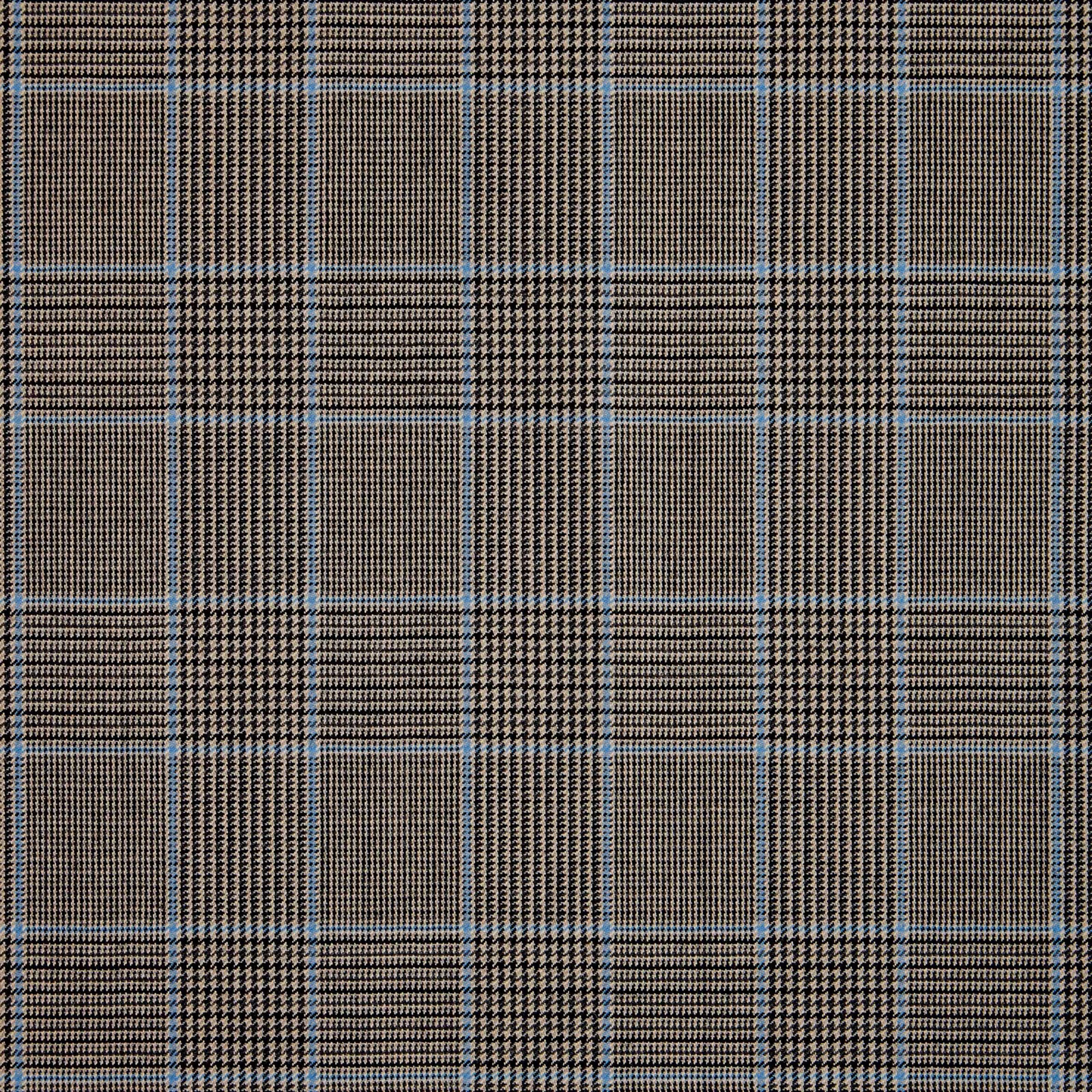 Charcoal-brown plaid weave with blue-grey lines and fine houndstooth check sections