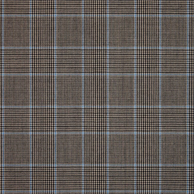 Charcoal-brown plaid weave with blue-grey lines and fine houndstooth check sections