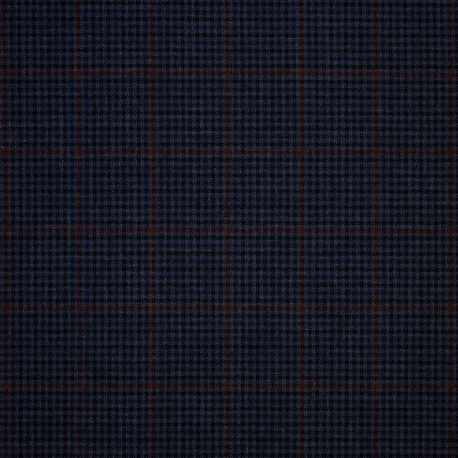 Deep navy and charcoal micro-check with subtle reddish-brown lines and woven texture