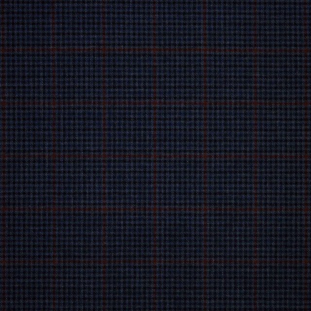Deep navy and charcoal micro-check with subtle reddish-brown lines and woven texture