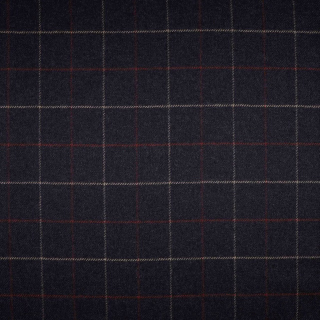 Charcoal-black checked textile with fine muted red, blue and pale taupe windowpane lines