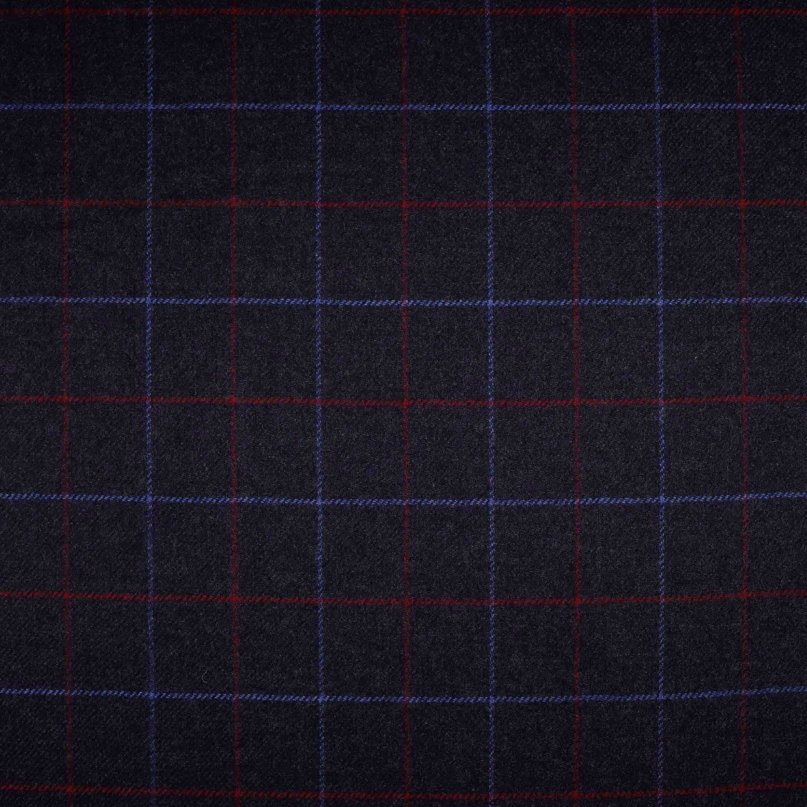 Charcoal-black woven plaid with fine red and indigo-blue windowpane lines