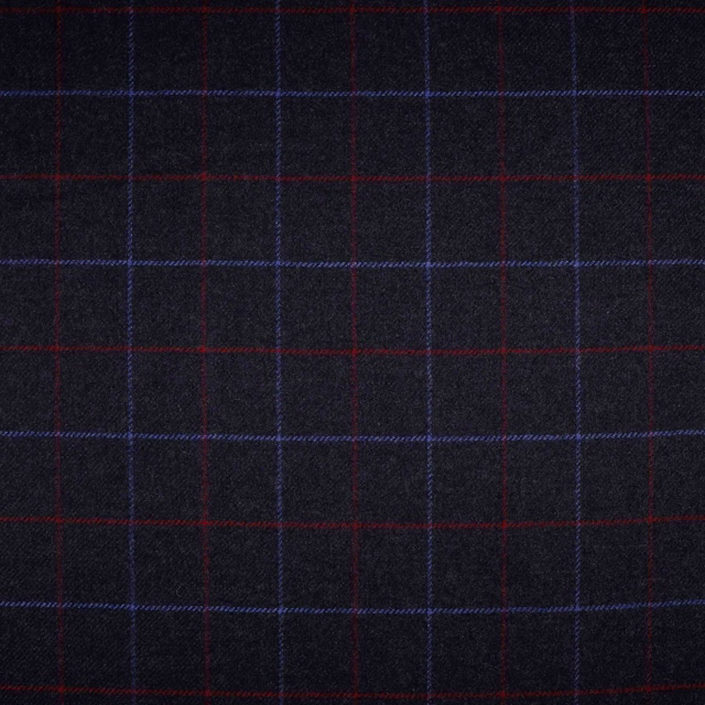 Charcoal-black woven plaid with fine red and indigo-blue windowpane lines