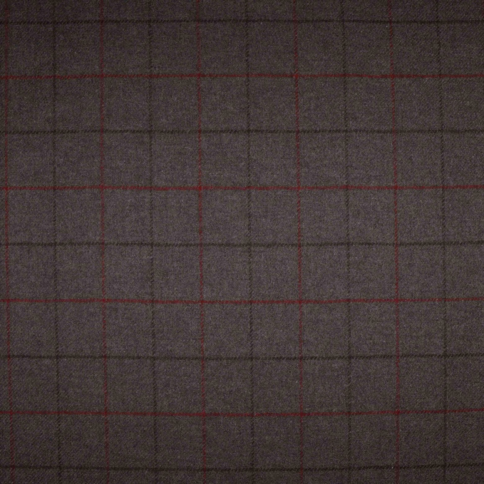 Charcoal grey woven plaid with fine red lines and dark check bands