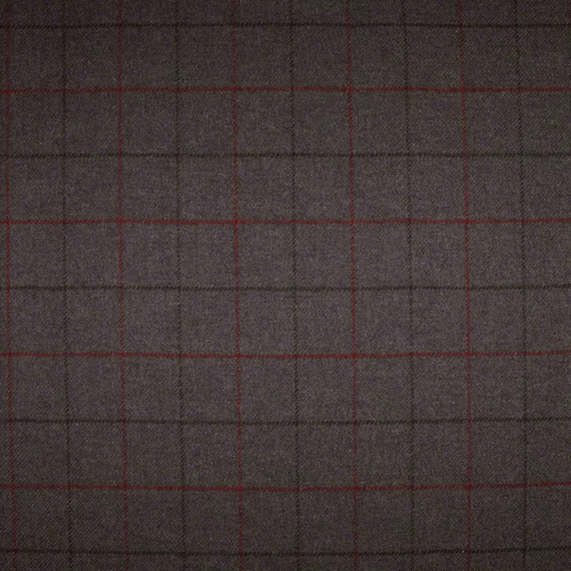 Charcoal grey woven plaid with fine red lines and dark check bands
