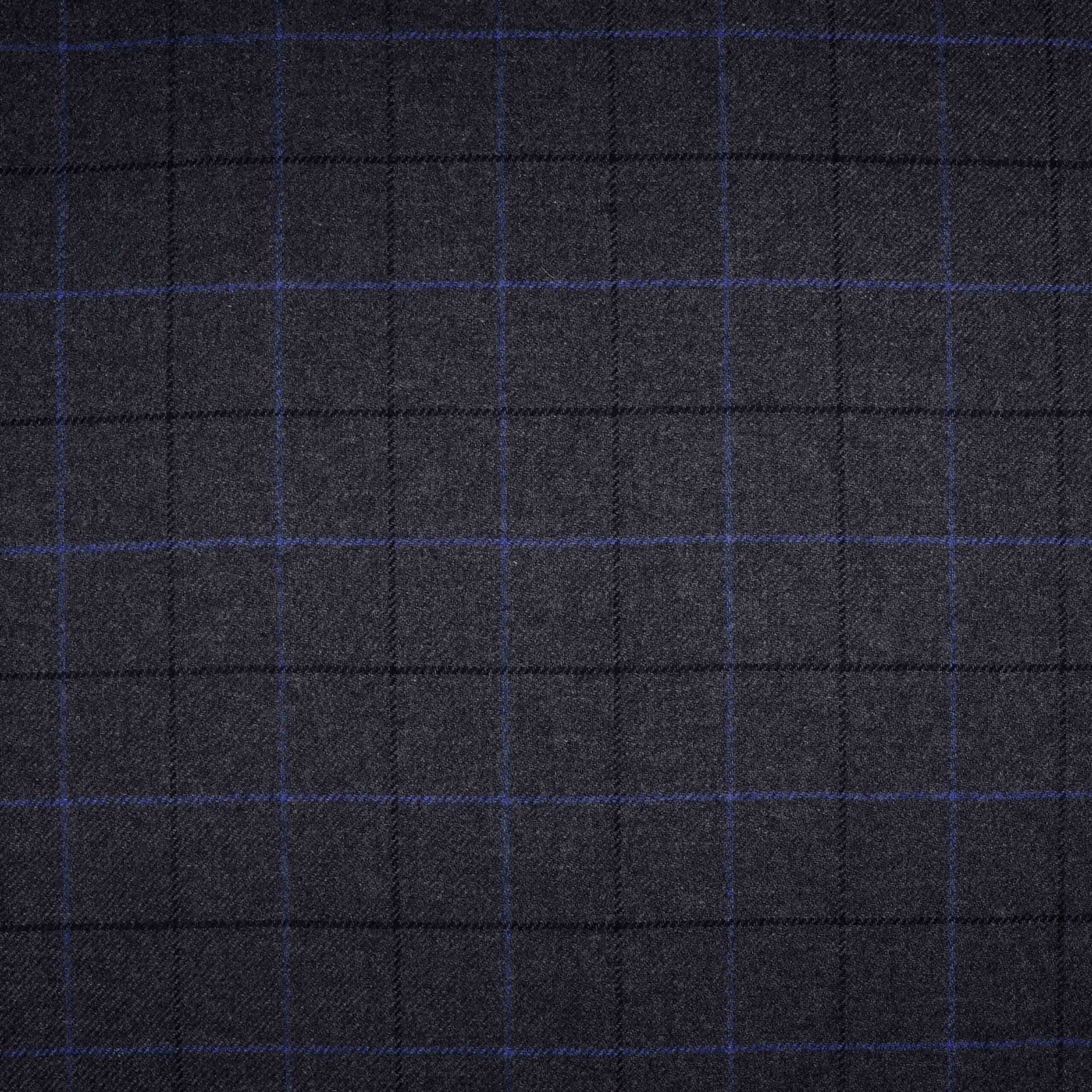 Charcoal grey woven check with fine blue lines and subtle surface texture