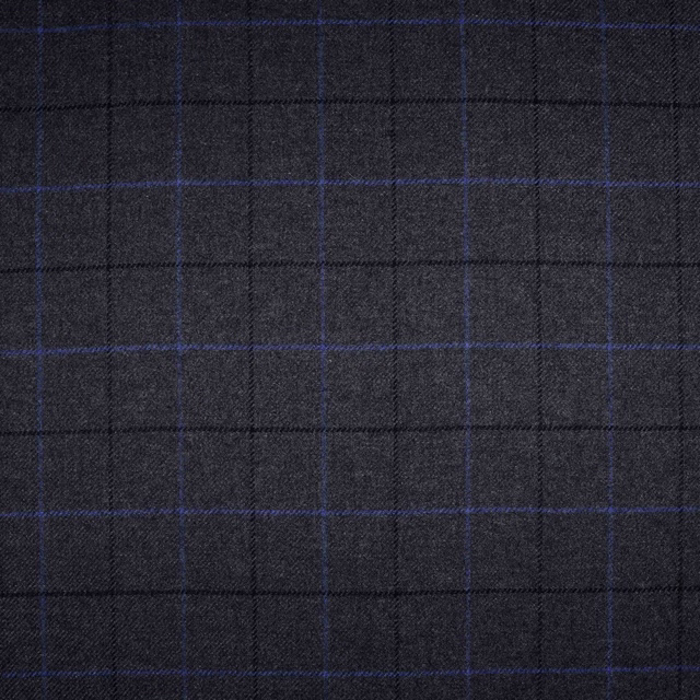 Charcoal grey woven check with fine blue lines and subtle surface texture