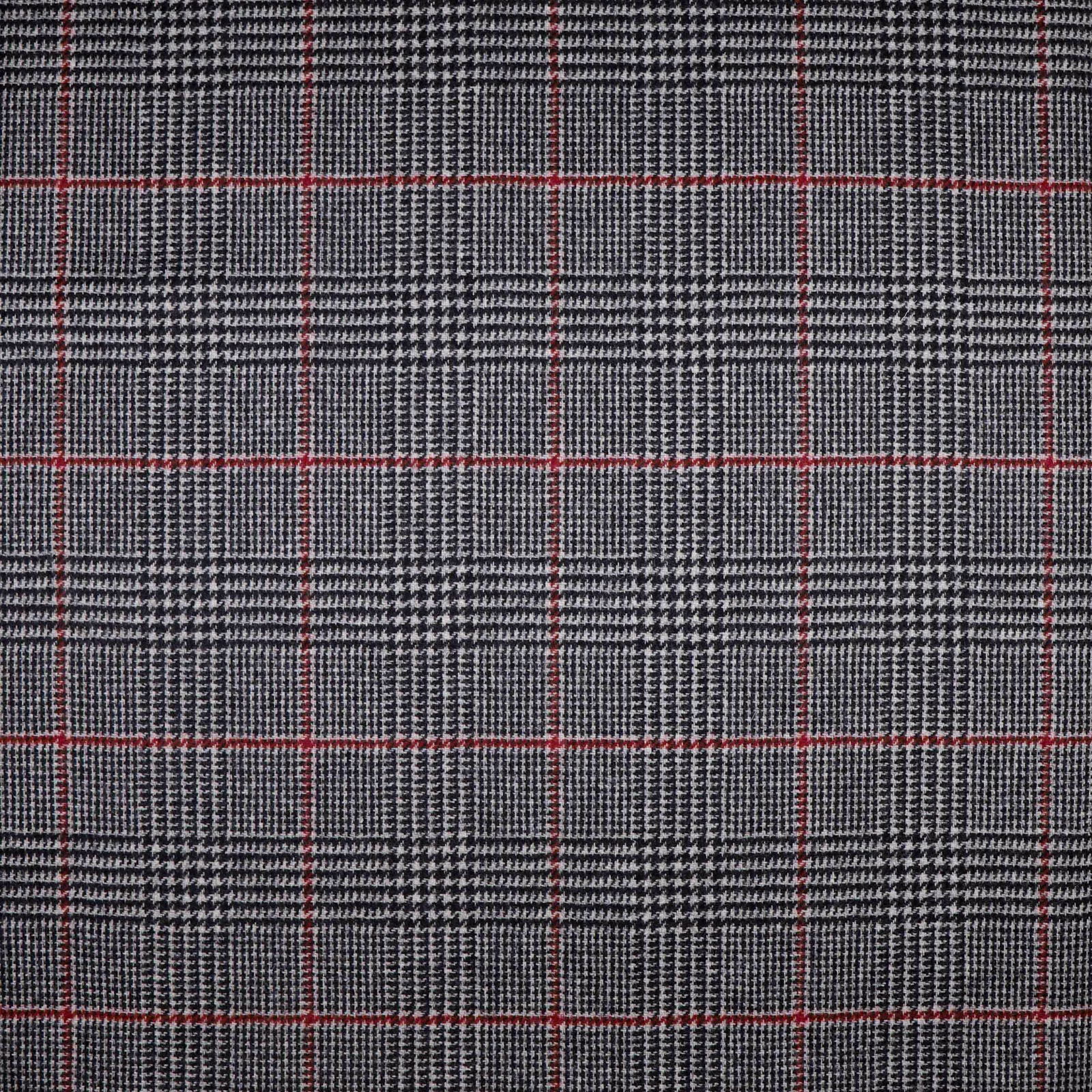 Charcoal woven check with pale flecks and fine red windowpane lines