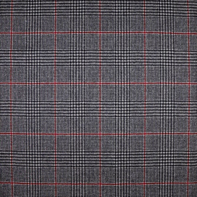 Charcoal woven check with pale flecks and fine red windowpane lines