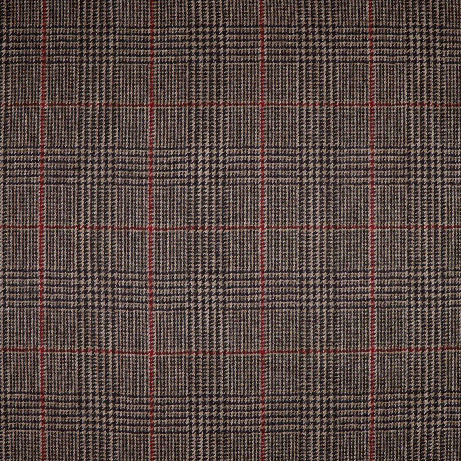 Charcoal grey checked weave with fine houndstooth texture and narrow red lines