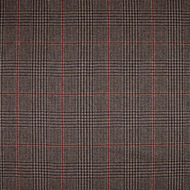 Charcoal grey checked weave with fine houndstooth texture and narrow red lines