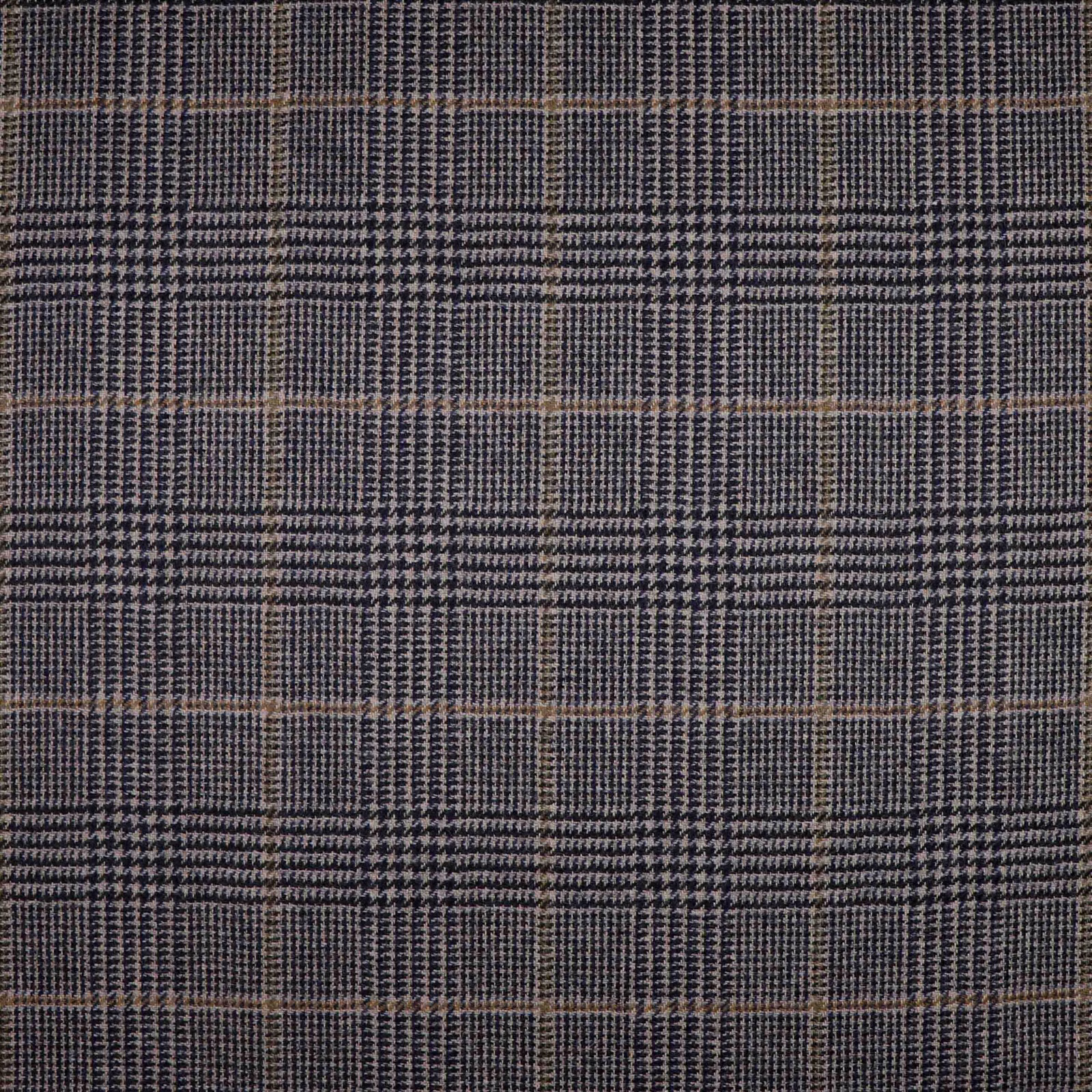 Charcoal-grey woven check with fine tan windowpane lines and broken-check texture