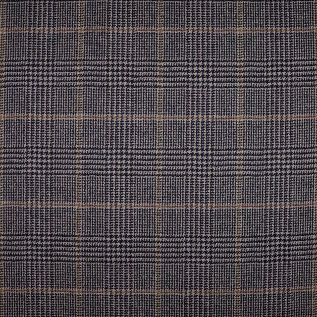 Charcoal-grey woven check with fine tan windowpane lines and broken-check texture