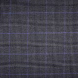 Charcoal grey woven plaid with fine blue windowpane lines and textured surface