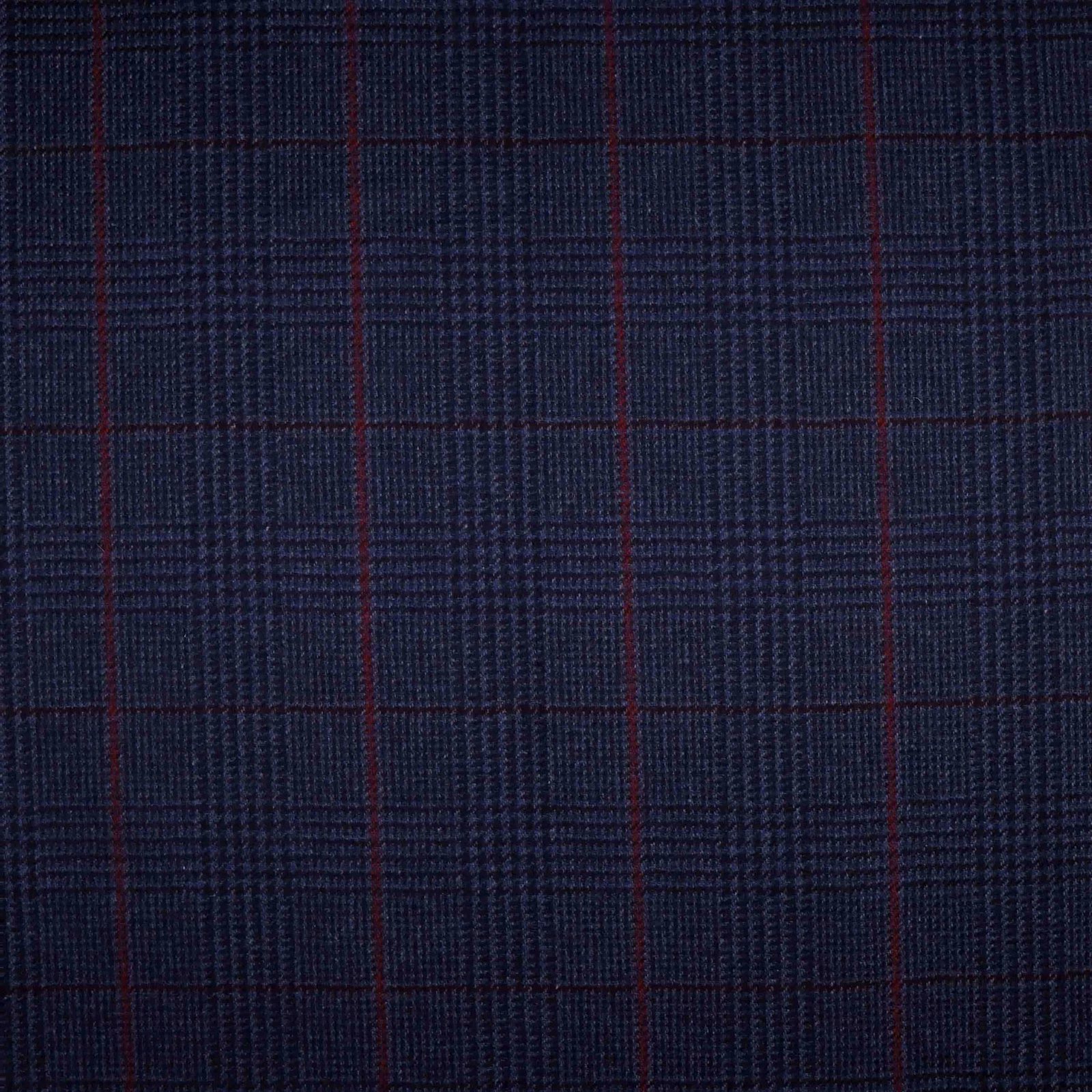Deep navy charcoal plaid upholstery with fine burgundy lines and ribbed woven texture