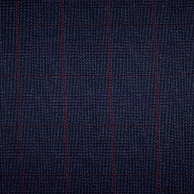 Deep navy charcoal plaid upholstery with fine burgundy lines and ribbed woven texture