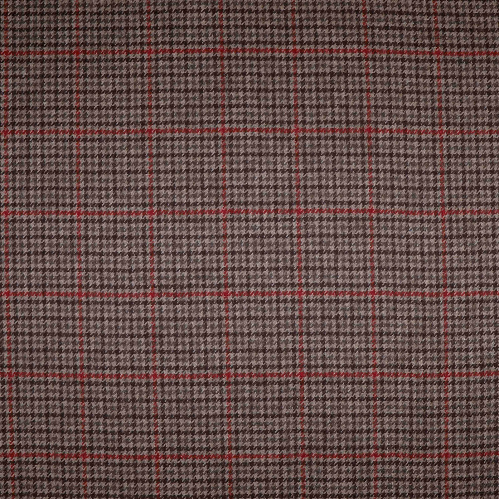 Brown-grey houndstooth textile with fine deep-red windowpane lines