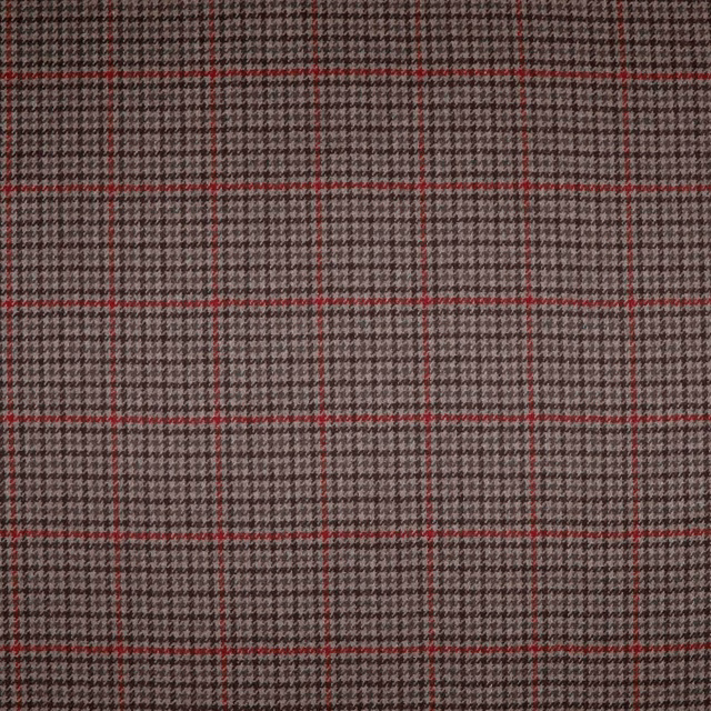 Brown-grey houndstooth textile with fine deep-red windowpane lines