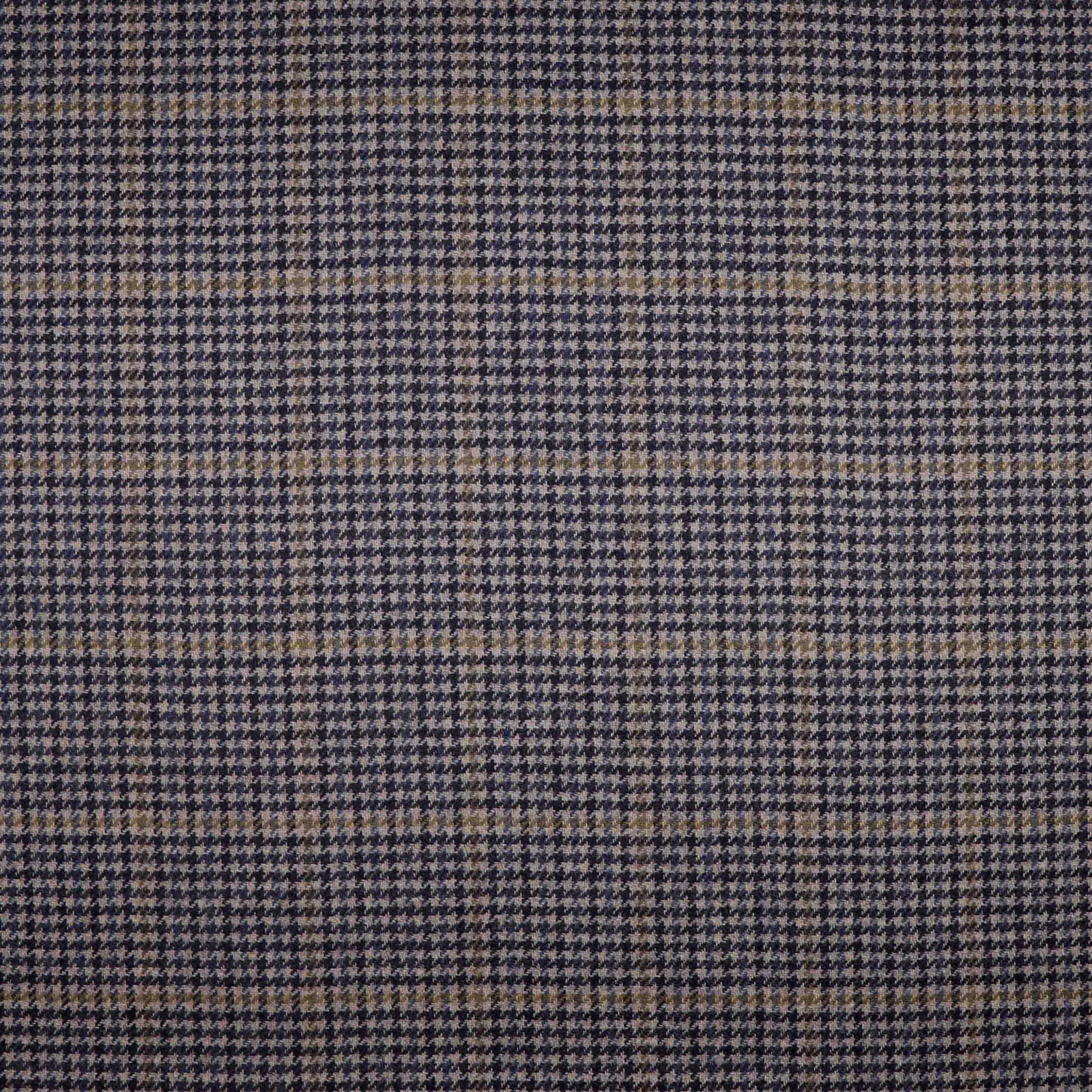 Blue-charcoal houndstooth upholstery fabric with fine tan windowpane checks