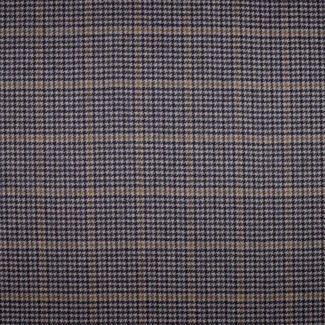 Blue-charcoal houndstooth upholstery fabric with fine tan windowpane checks