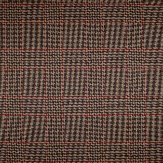 Warm brown taupe plaid with fine brick-red lines and dense woven micro-check texture