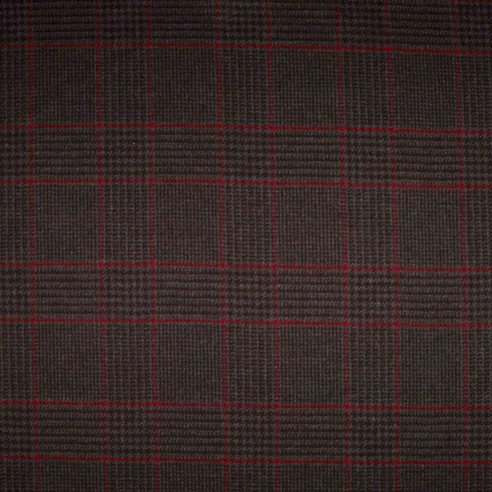 Charcoal-brown ribbed upholstery fabric with fine red windowpane checks