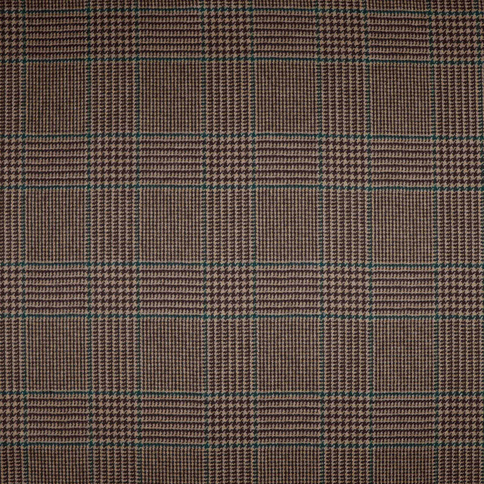 Deep tobacco-brown plaid with fine houndstooth weave and muted teal lines