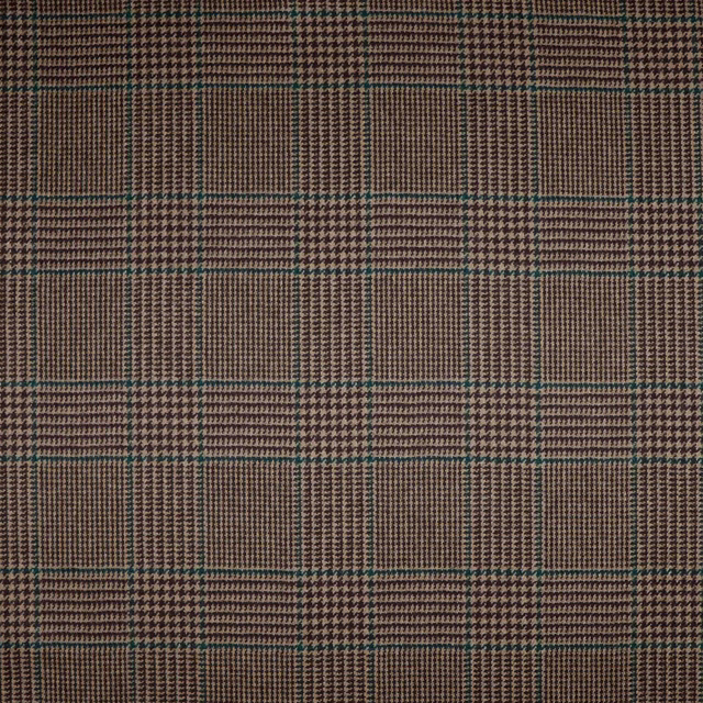Deep tobacco-brown plaid with fine houndstooth weave and muted teal lines