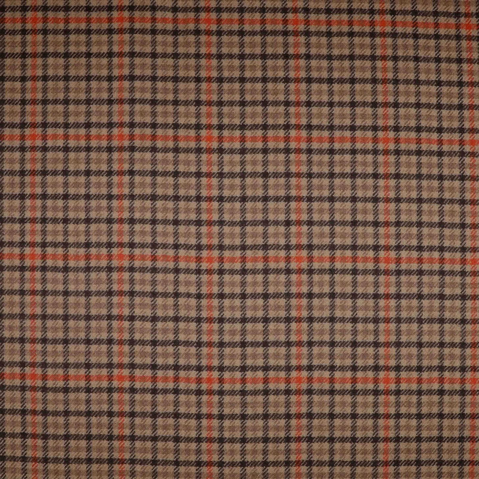 Warm brown and taupe plaid with fine black lines and muted red accents