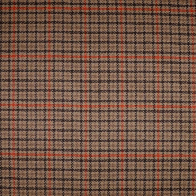 Warm brown and taupe plaid with fine black lines and muted red accents