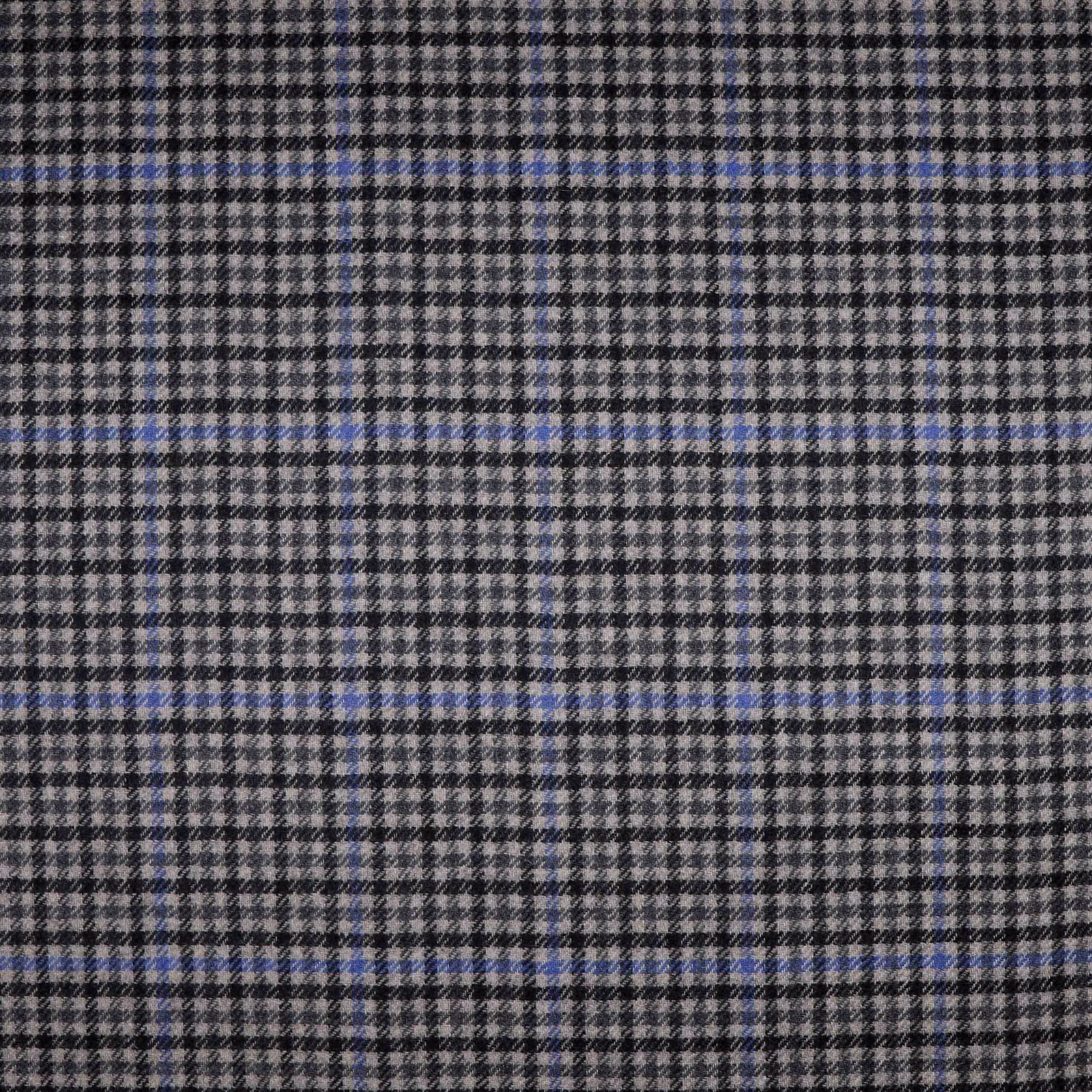 Close-up of charcoal grey check weave with fine blue grid lines