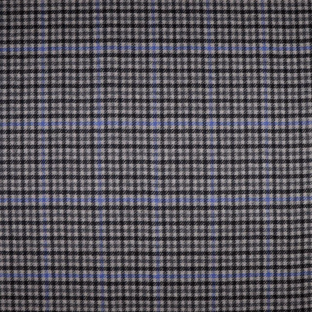 Close-up of charcoal grey check weave with fine blue grid lines