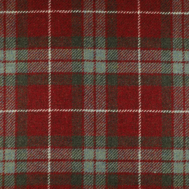 Deep red and forest green tartan with pale blue-grey lines in a close woven texture