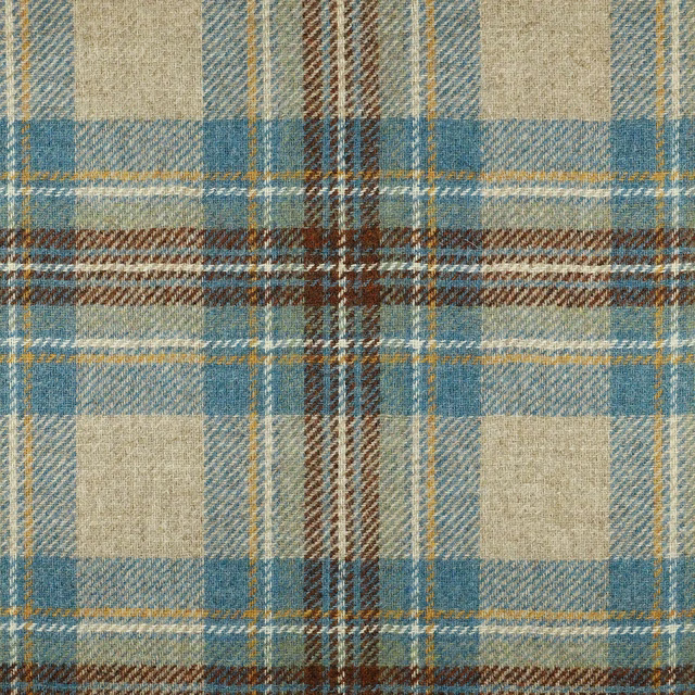 Muted blue, oatmeal and brown plaid with fine mustard lines in a woven texture